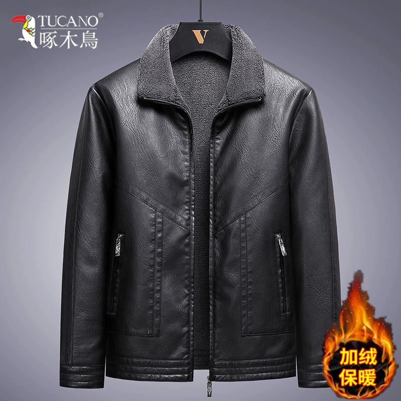 啄木鸟正品海宁新款皮衣皮毛一体男士外套冬款加绒加厚大码皮夹克