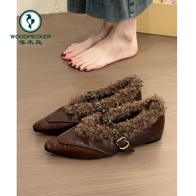 啄木鸟复古粗跟玛丽珍鞋女2025冬季新款气质尖头加绒毛毛鞋棉单鞋