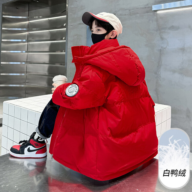 红色年服儿童羽绒服男童冬季加厚外套2023新款大童潮款免洗羽绒服