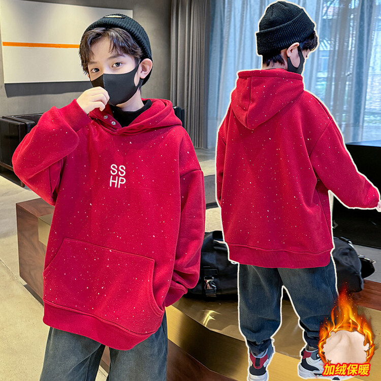 男童加绒连帽卫衣2023新款中大童儿童红色年服一体绒加厚保暖冬装