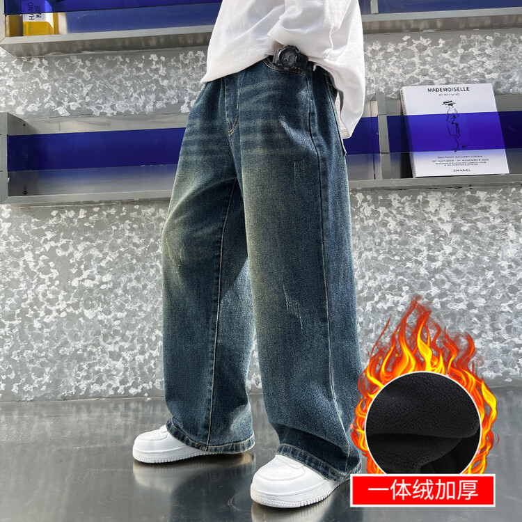 男童加绒裤子秋冬装2023新款大童冬季儿童宽松洋气男孩阔腿牛仔裤