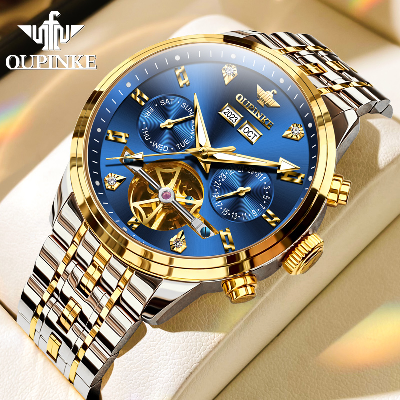 瑞士欧品客手表男士机械表男表全自动镂空多功能夜光防水商务腕表