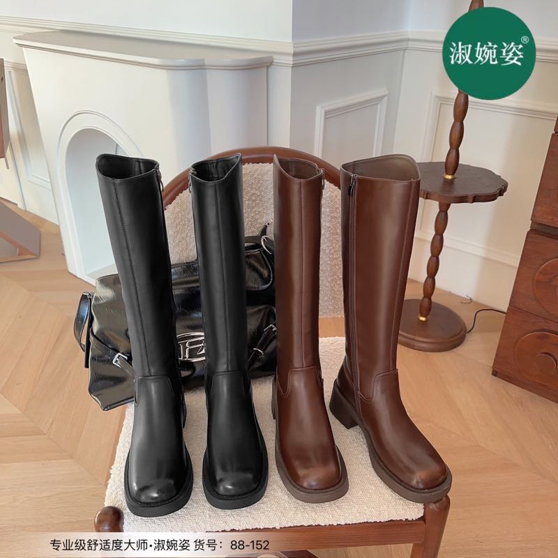 真皮平底粗跟骑士靴女新款圆头百搭不过膝显瘦高筒长靴