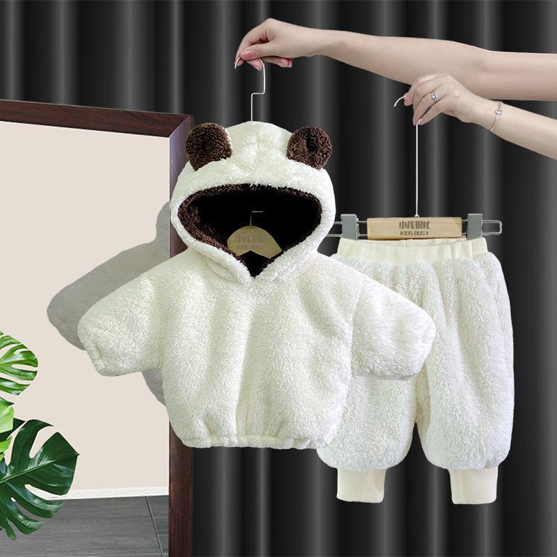 宝宝套装冬季新款小童洋气毛绒外套婴儿加绒加厚保暖裤子两件套潮