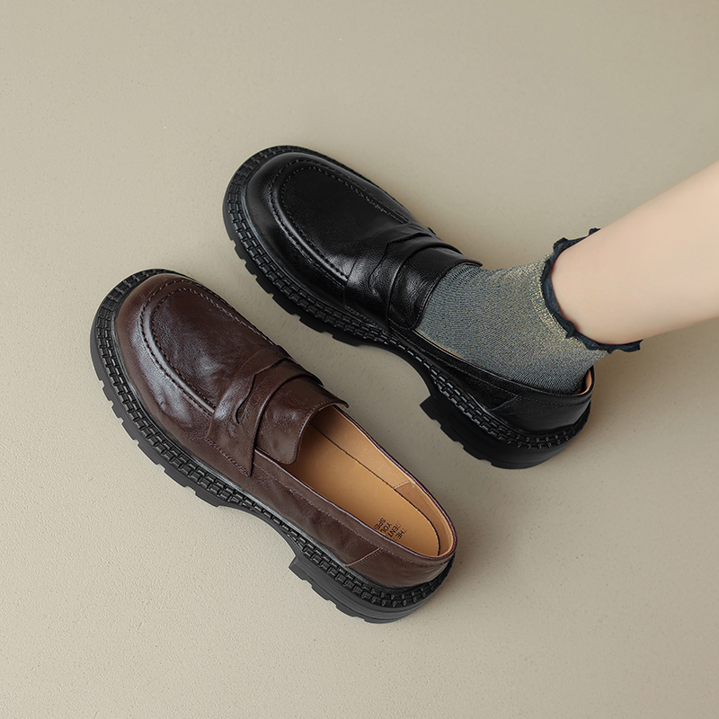 34-40码|3.5cm中跟|黑/棕|陈摸鱼圆头粗跟英伦复古羊皮厚底乐福鞋