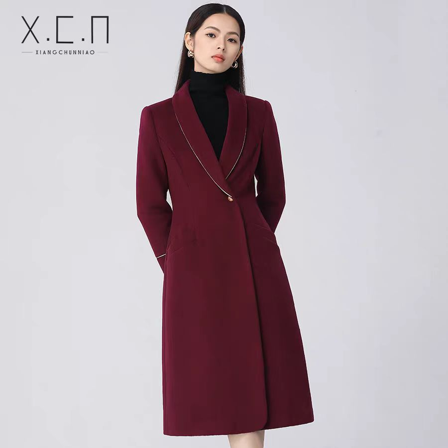 X.C.N【爵士酒廊】双十二冬季新款安可拉红羊毛呢中长款大衣2144170