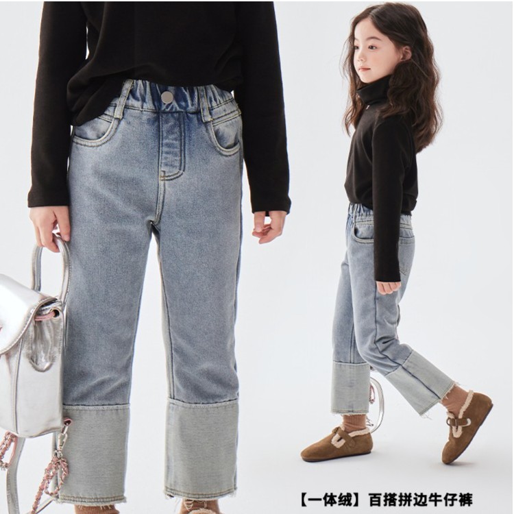 女童裤子2024冬装秋冬儿童洋气加厚一体绒牛仔烟管裤加绒直筒裤潮