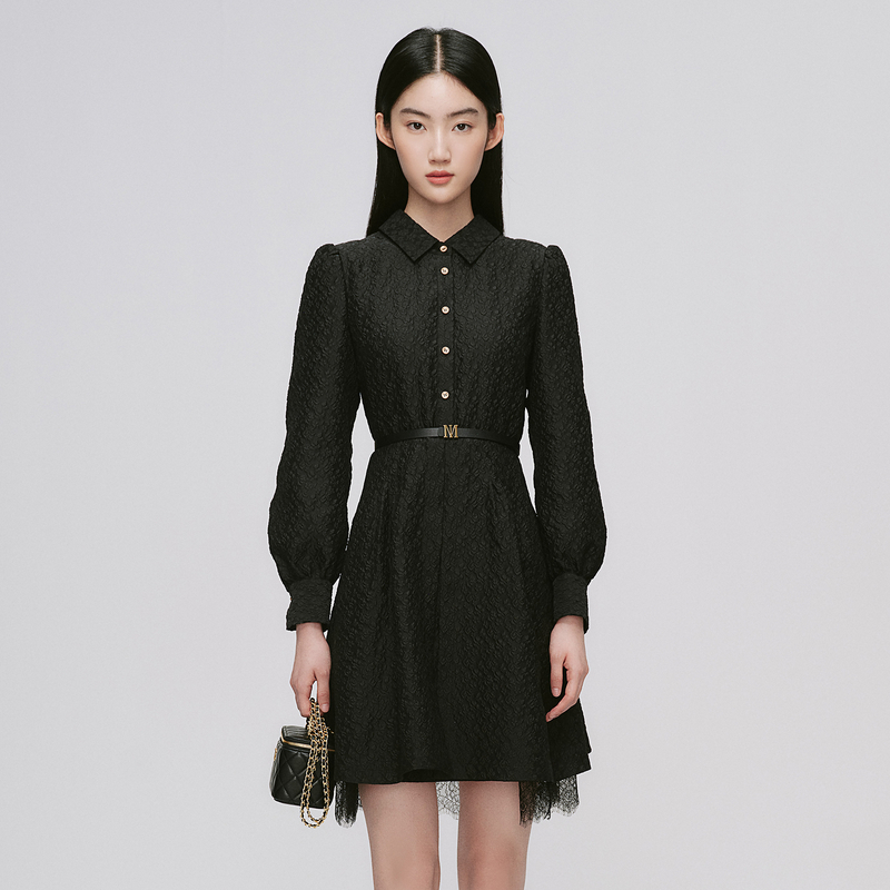 Migaino/曼娅奴小众肌理感翻领名媛小黑裙礼服气质秋冬MO44DC605