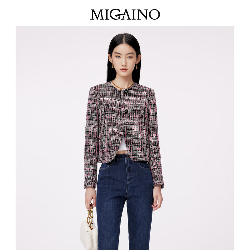 Migaino/曼娅奴短外套女2023年秋冬新款圆领短款气质小香风上衣