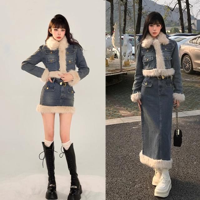 春秋百搭美拉德辣妹牛仔套装女秋冬爆款加厚毛毛拼接外套两件套