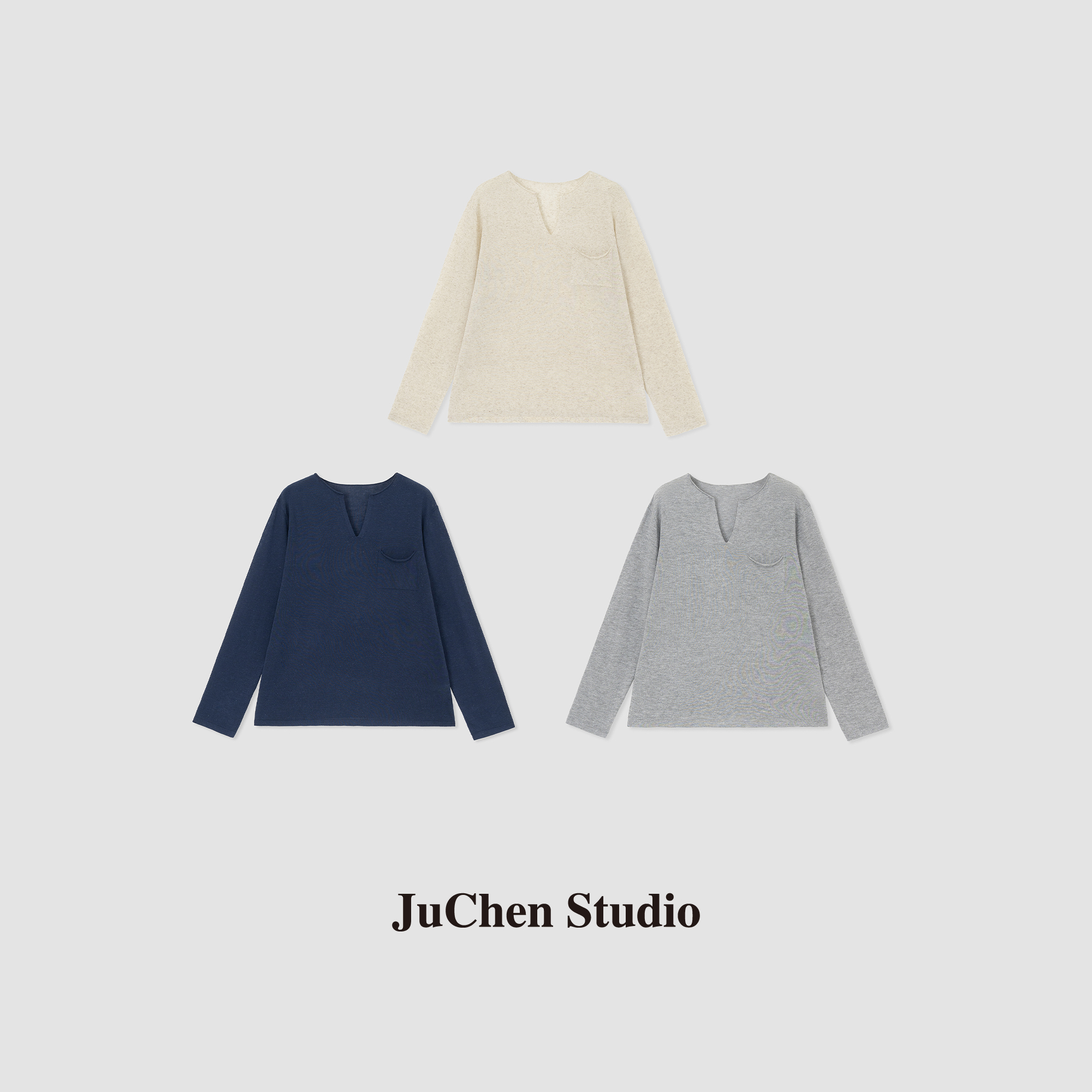 莱赛尔雪花亚麻单口袋松弛落肩V领长袖T恤JY2401021-11
