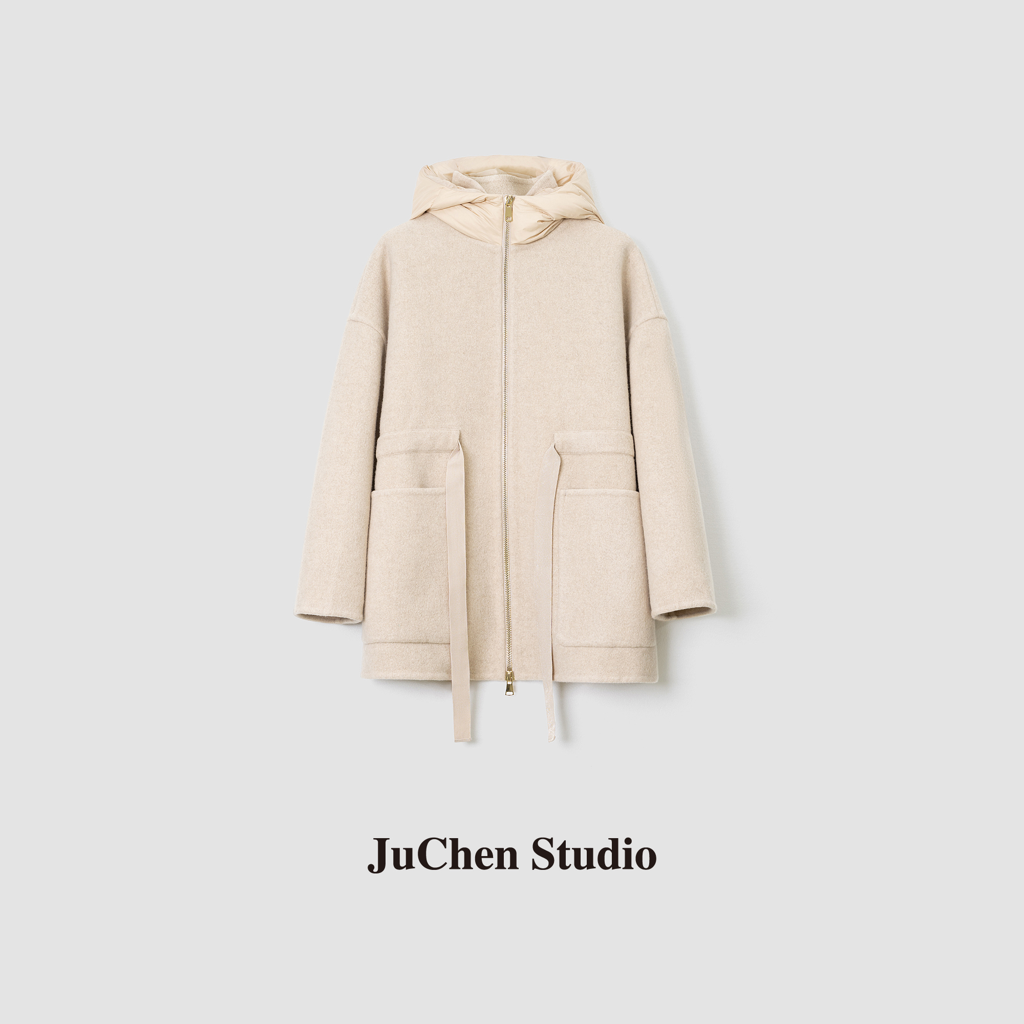 “法式衣橱”羊毛桑蚕丝混纺 双面呢连帽大衣外套 FW081479