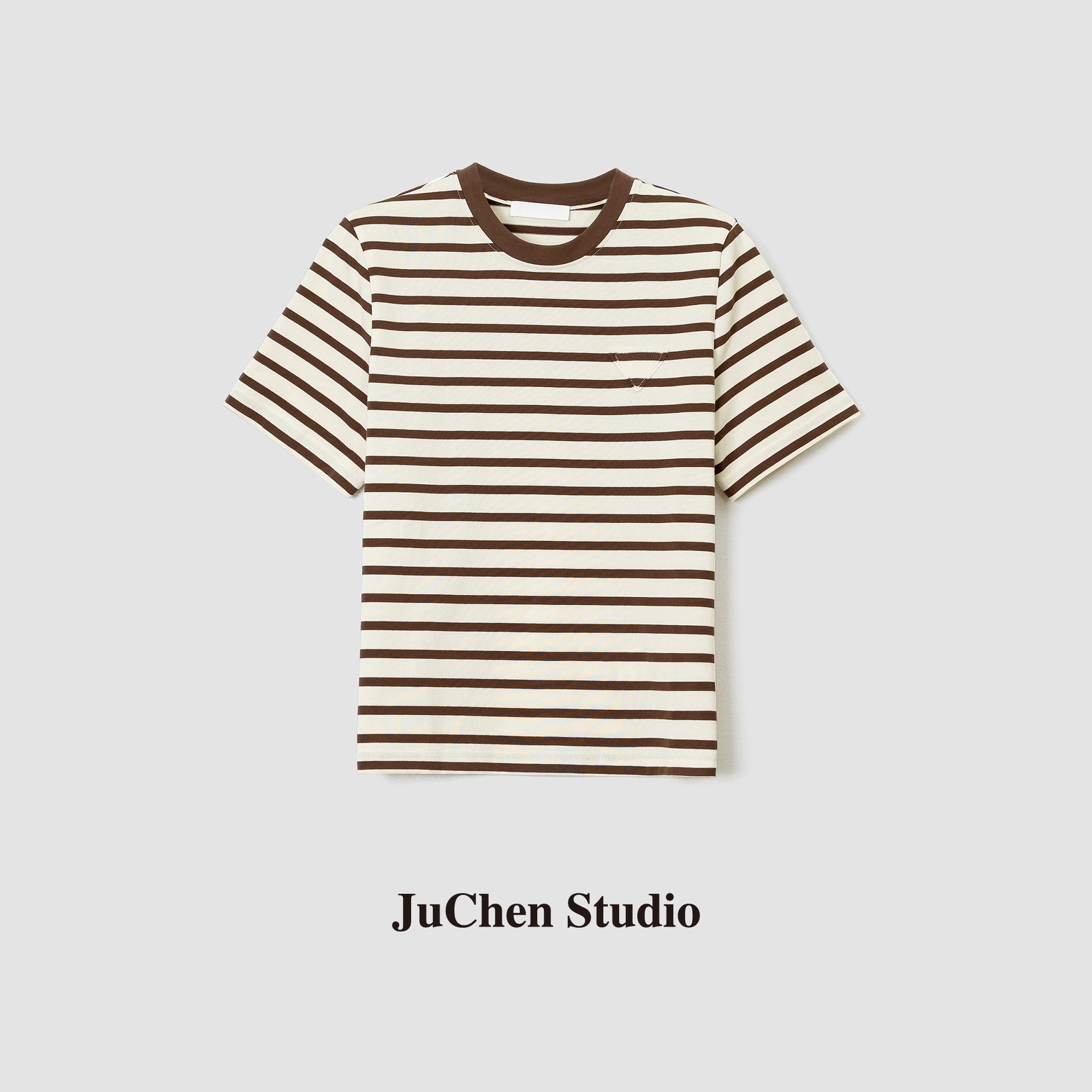 春夏美式复古撞色米咖条纹短袖T恤SS081431