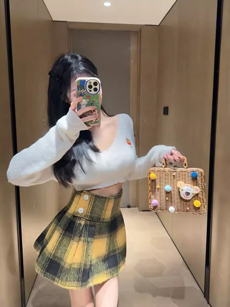 夏媛原创 萌趣考拉 黄色格纹毛呢半身裙防走光高腰显瘦短裙a字裙