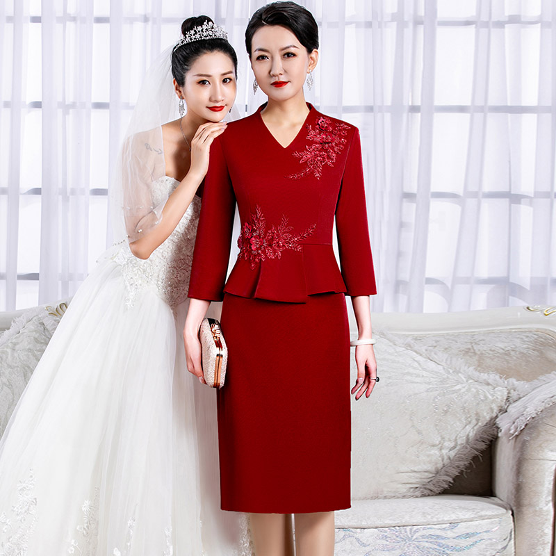 5851喜婆婆婚宴装洋气显瘦连衣裙假两件结婚妈妈礼服高贵旗袍2024