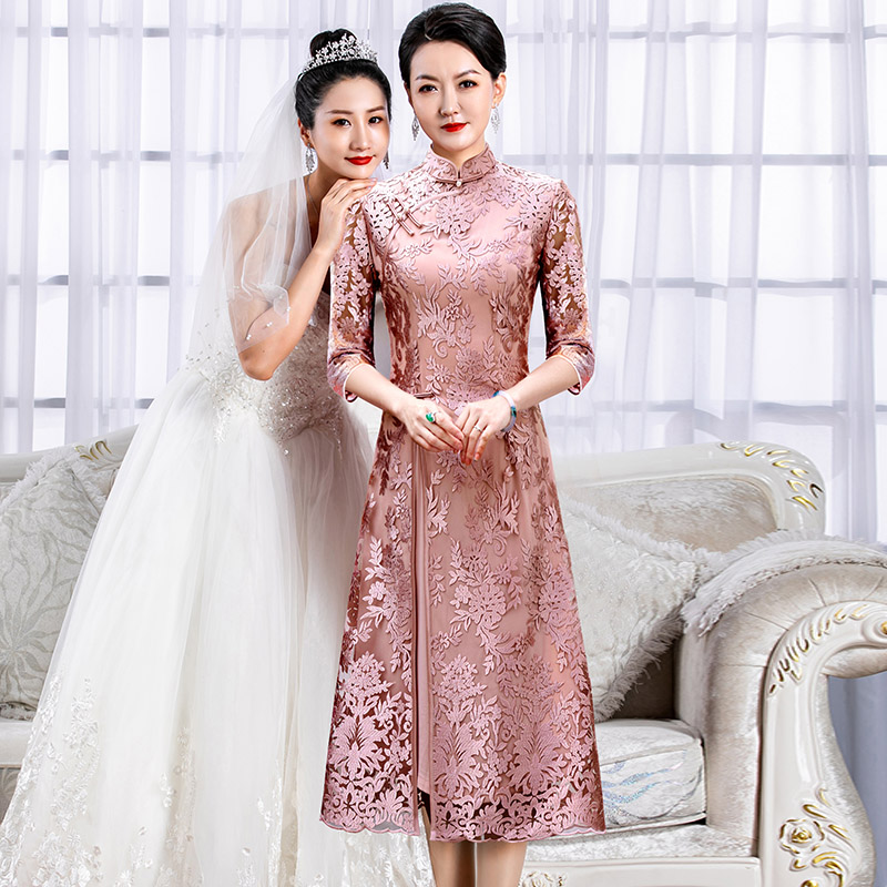 5666宴会优雅中国风改良旗袍裙婚礼婚宴妈妈喜婆婆装订婚礼服女