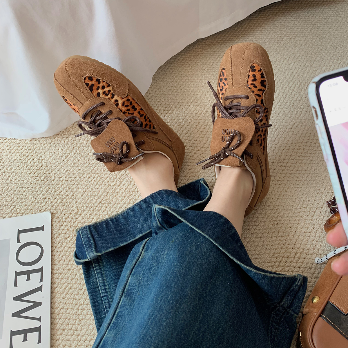 【5折浮力款】葡萄妈studiolee 复古圆头豹纹翻盖系带德训阿甘鞋