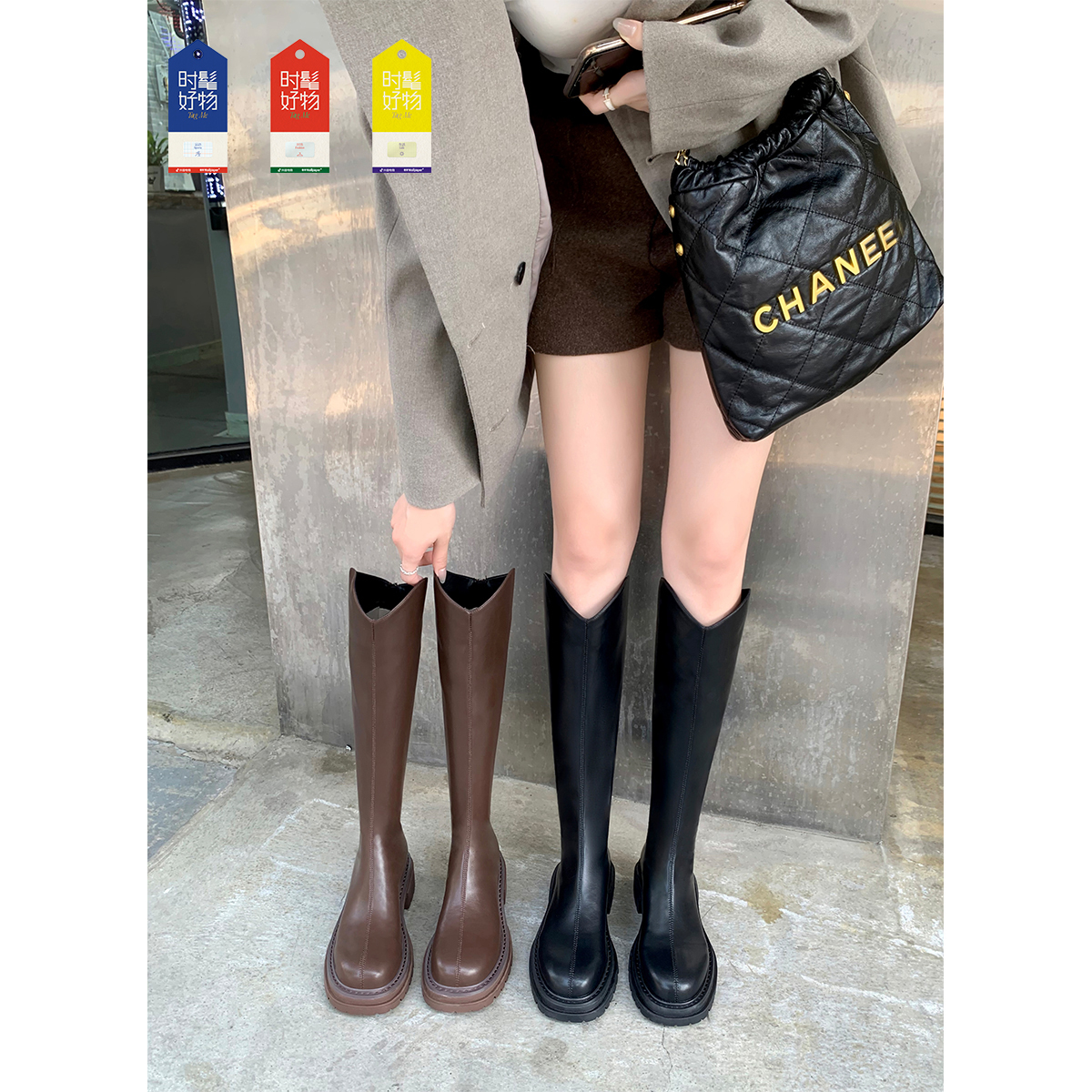 冬日时髦好物/葡萄妈studiolee 粗跟厚底v口骑士靴中高筒长靴女