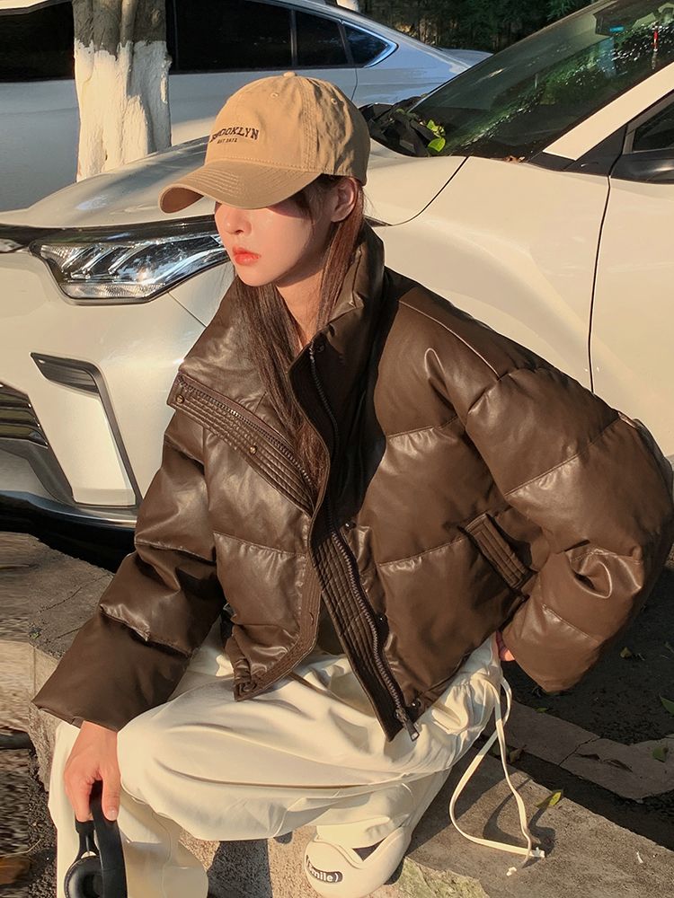 雪中飞绒服羽绒服美拉德pu皮女冬季2023新款小小个子宽松秋冬时