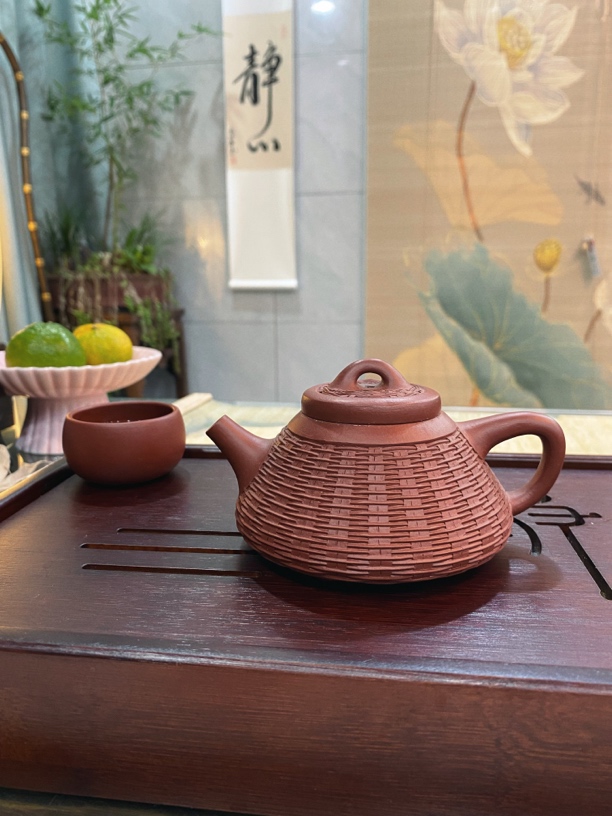 紫砂壶茶具全手工泡茶壶朱泥大红袍手制竹编石瓢筋纹