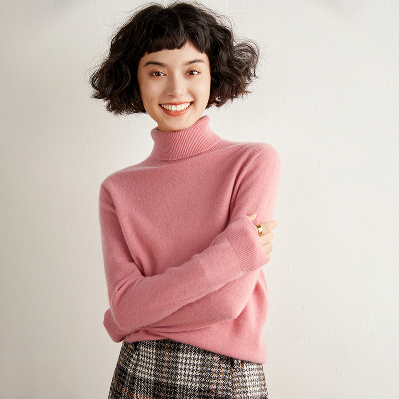 秋冬新款百搭气质平面高翻领羊绒衫女士针织保暖休闲宽松纯色打底