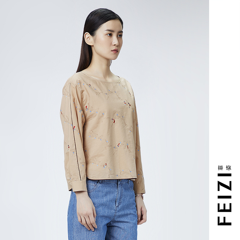 菲姿FEIZI春款刺绣上衣1A512宽松长袖