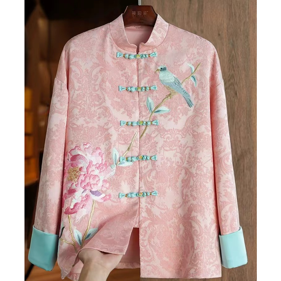 （婷婷精选）复古春季宽松中国风印花立领提花绣花