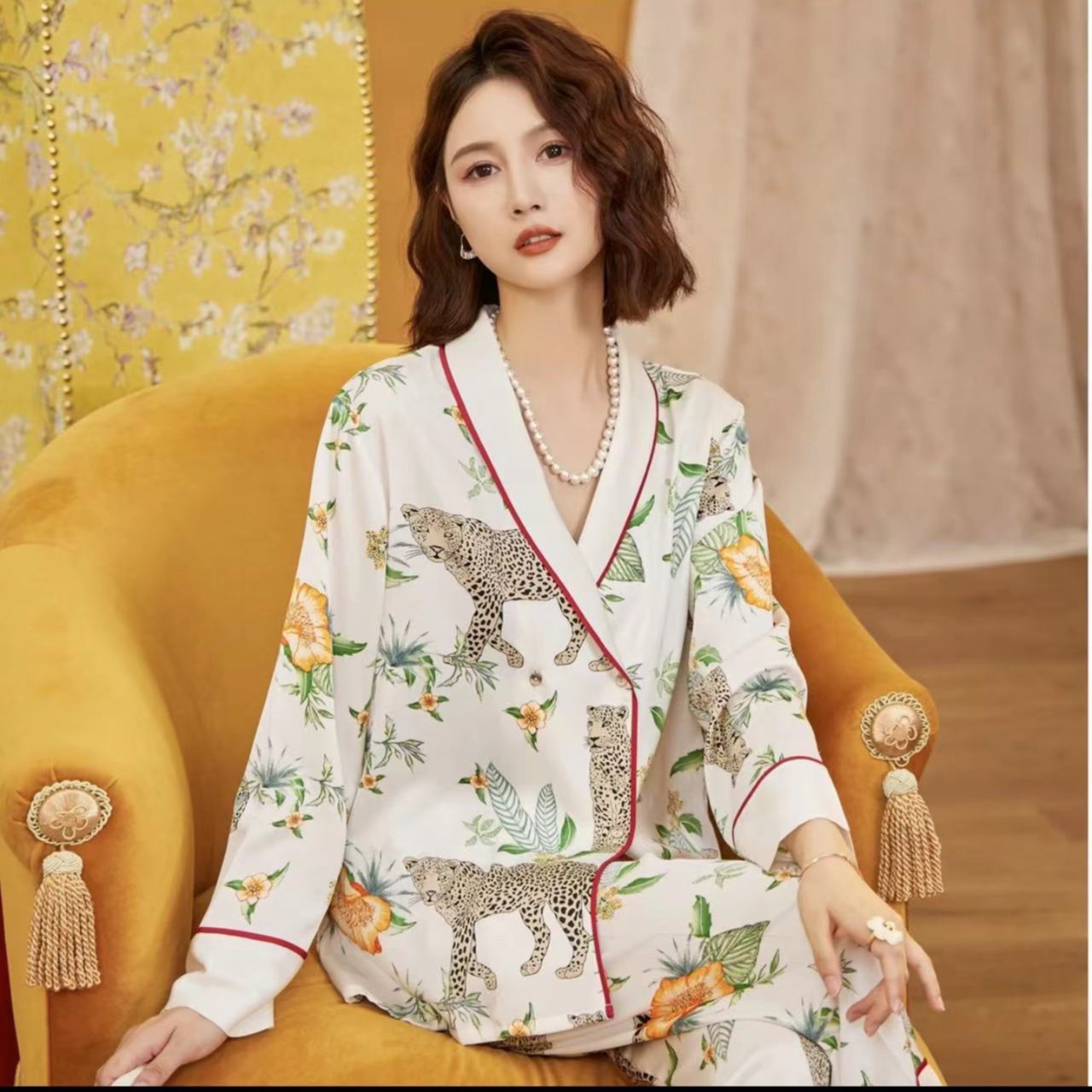 上海故事金钱豹可外出双排扣睡衣女秋长袖轻奢高级感家居服套装