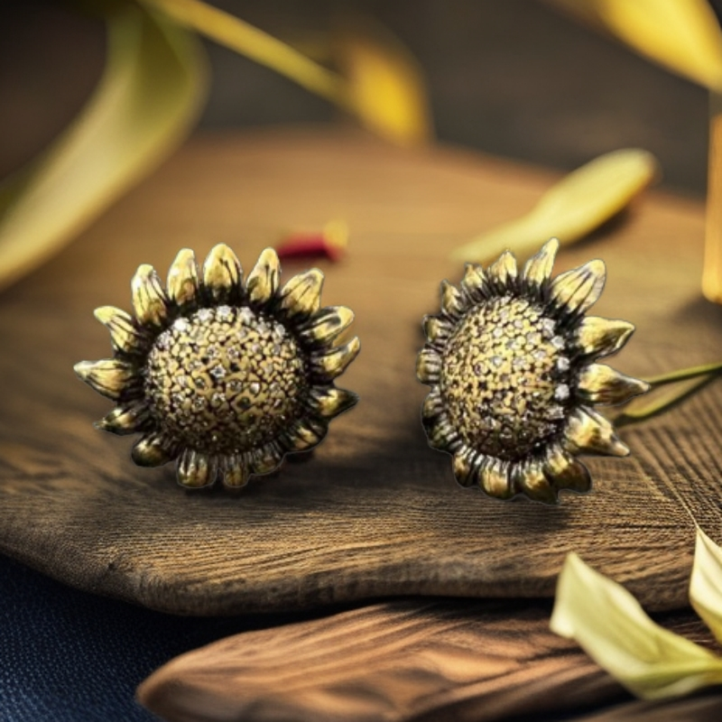 周帝王电黑工艺足金时尚向日葵小众耳饰复古轻奢个性花黄金耳钉