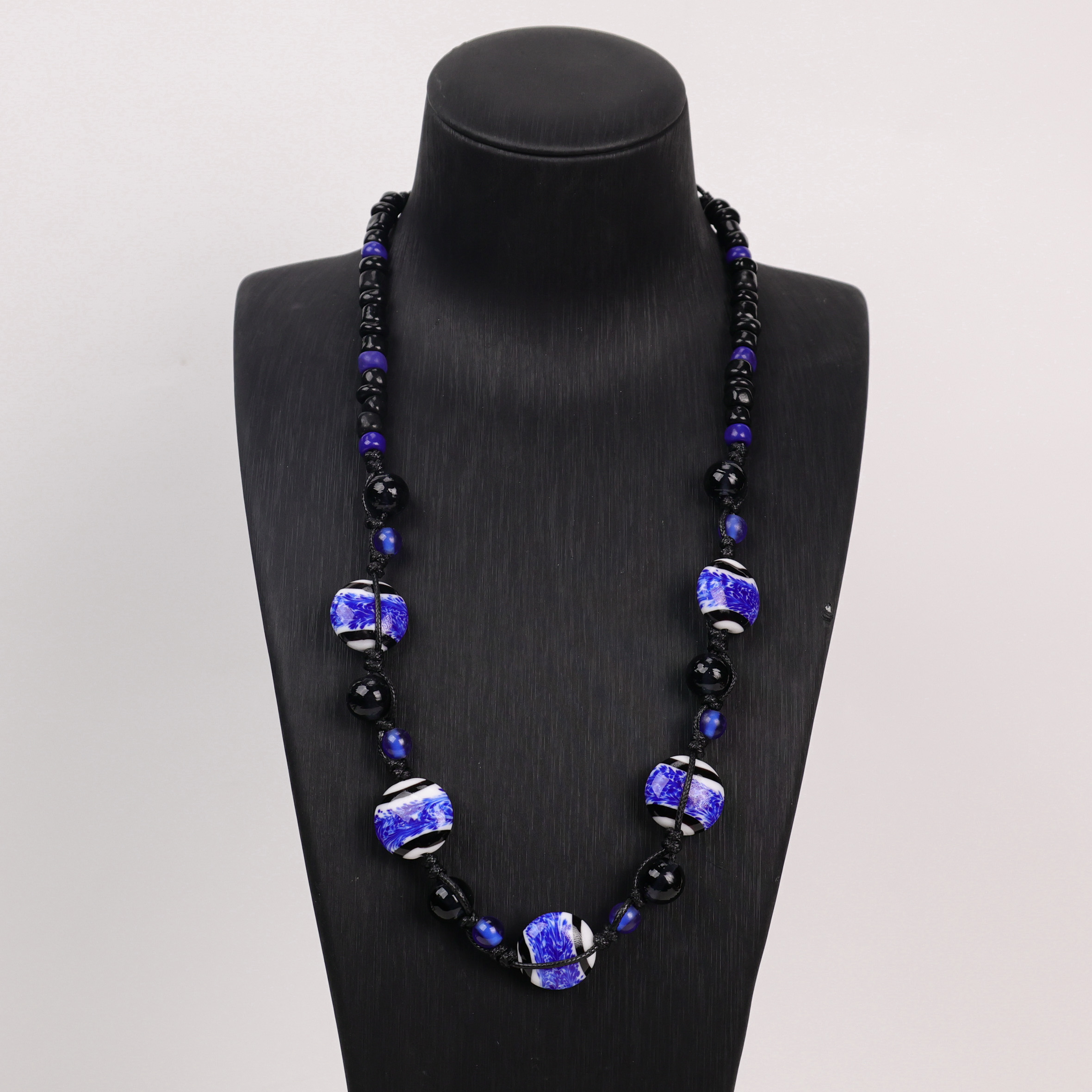 合金项链 LZ1837 青花瓷扁珠木兰色绳编琉璃项链 