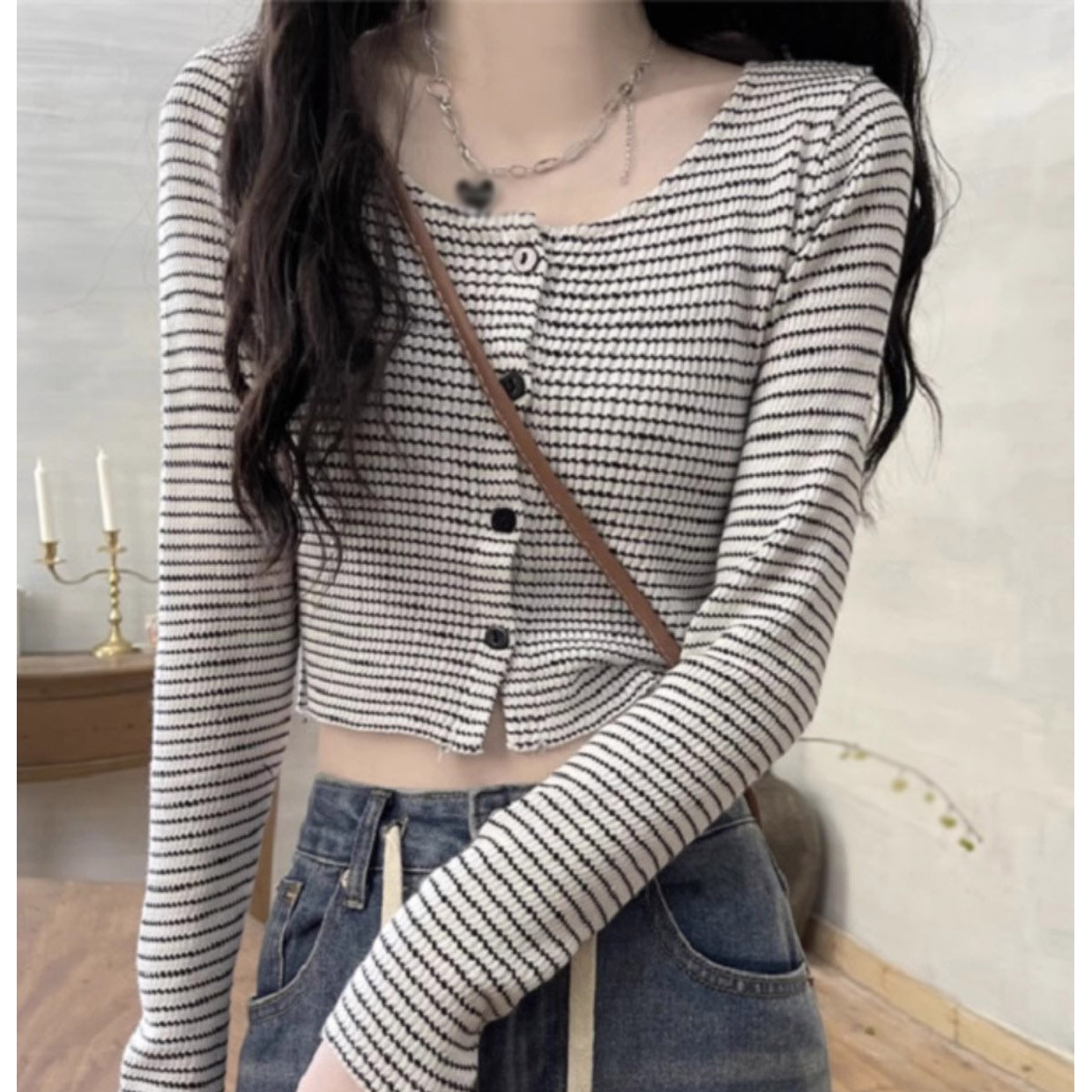 甜辣条纹针织开衫女装上衣秋装新款小个子高腰短款毛衣打底衫上衣