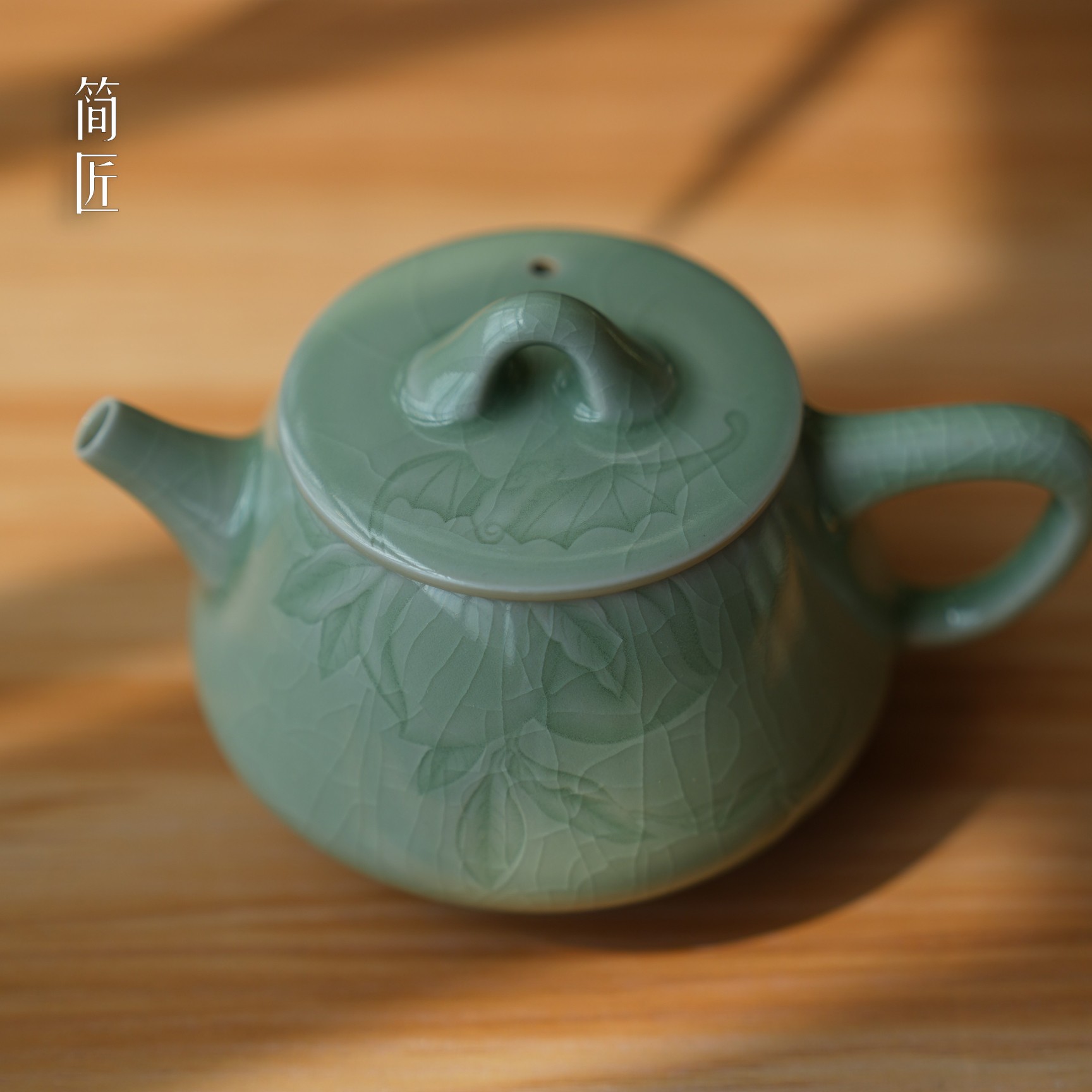 简匠 汝窑高端豆绿釉汝雕福寿石瓢壶支钉满釉匠人手作石瓢壶