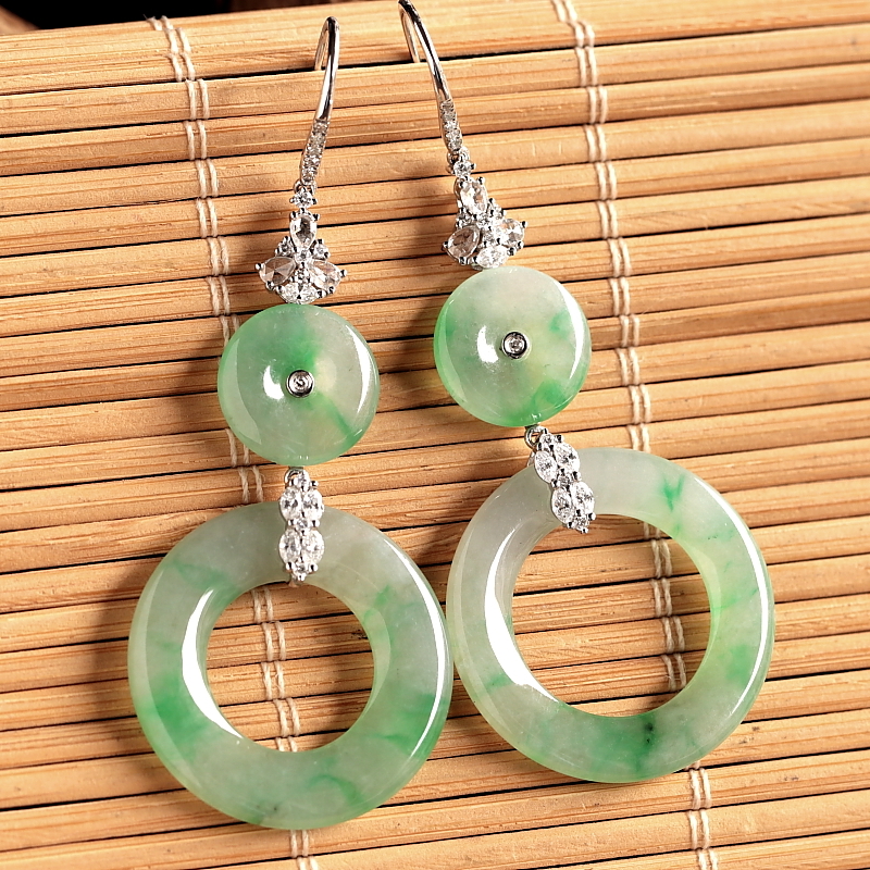 石之富珠宝天然缅甸翡翠冰种18k金气质平安扣环环相扣女款耳坠