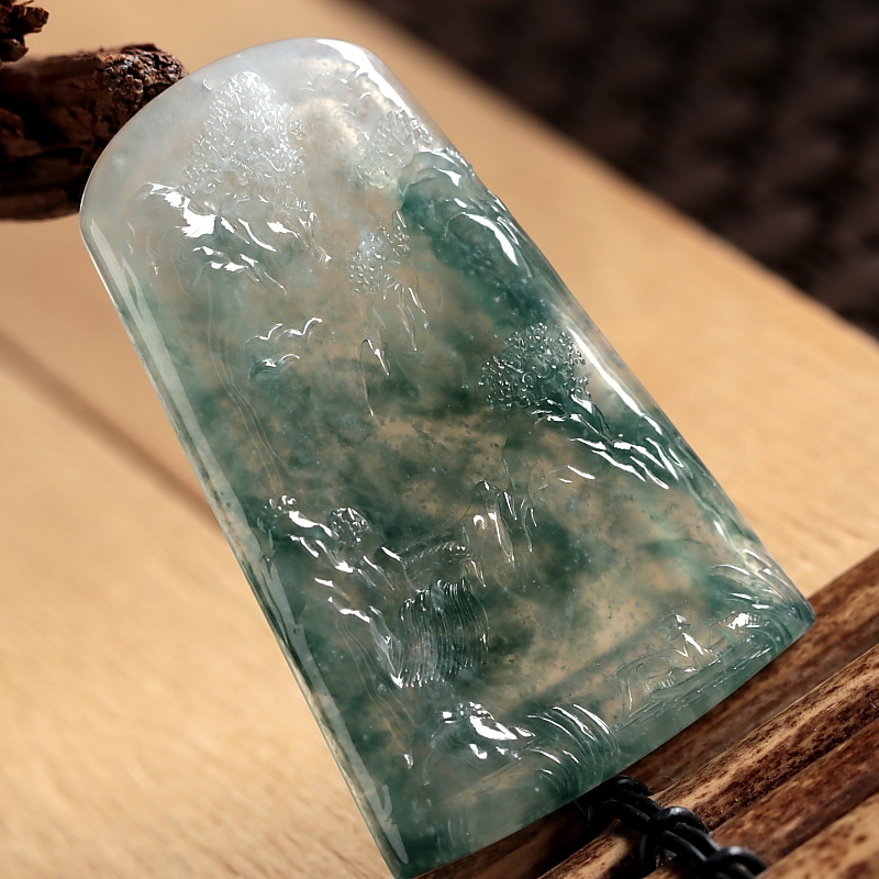 石之富珠宝缅甸天然玉石翡翠A货冰种飘花山水牌玉吊坠挂件26.83