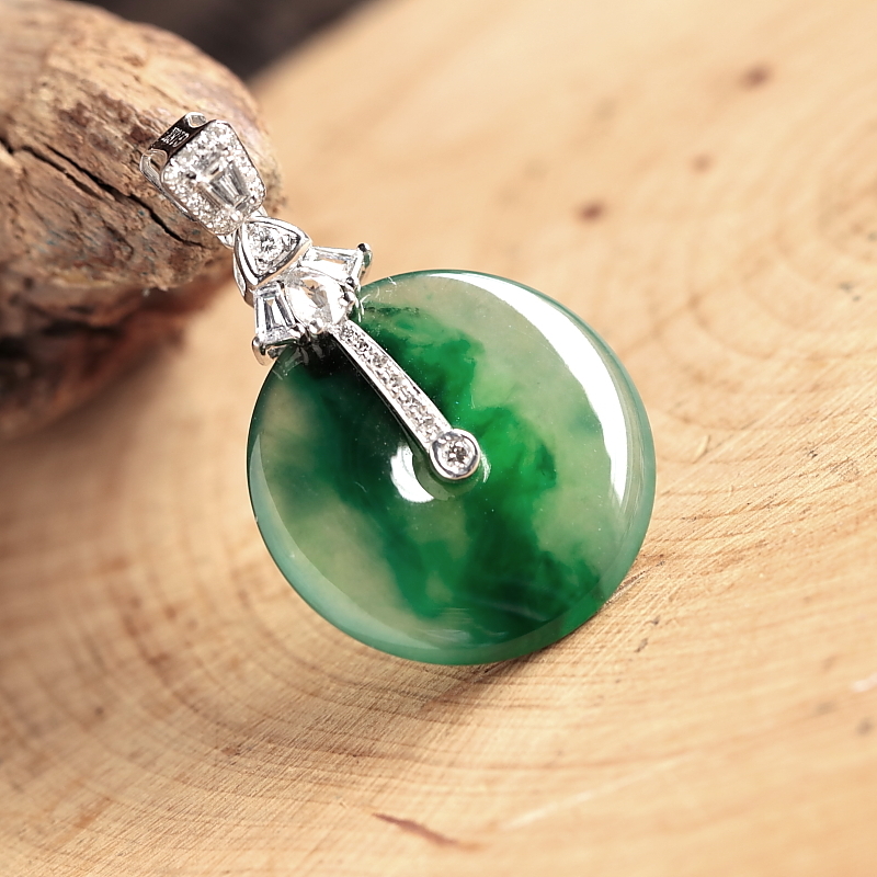石之富珠宝缅甸天然翡翠A货18K金镶嵌镶钻飘绿平安扣吊坠挂坠