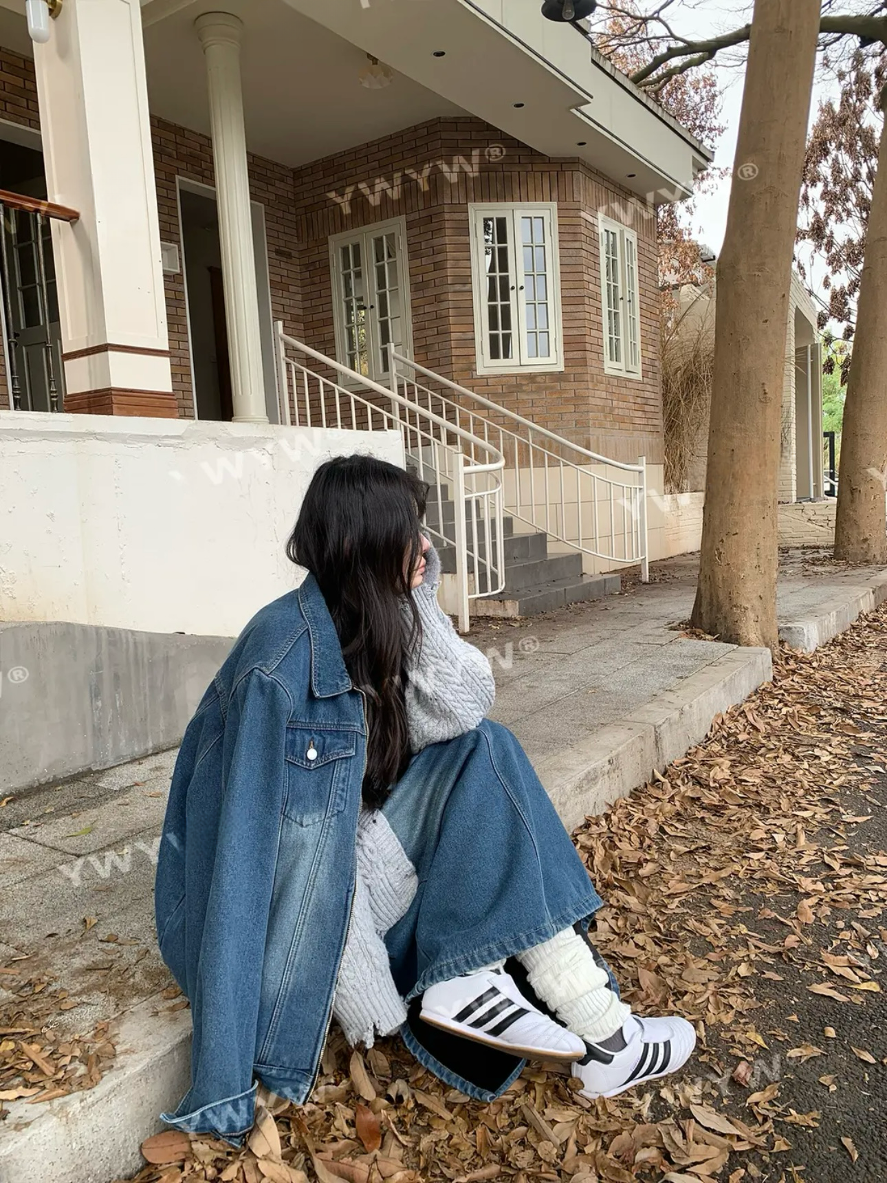 新款设计感时尚慵懒保暖绒感复古水洗牛仔外套+开衩夹绒牛仔长裙