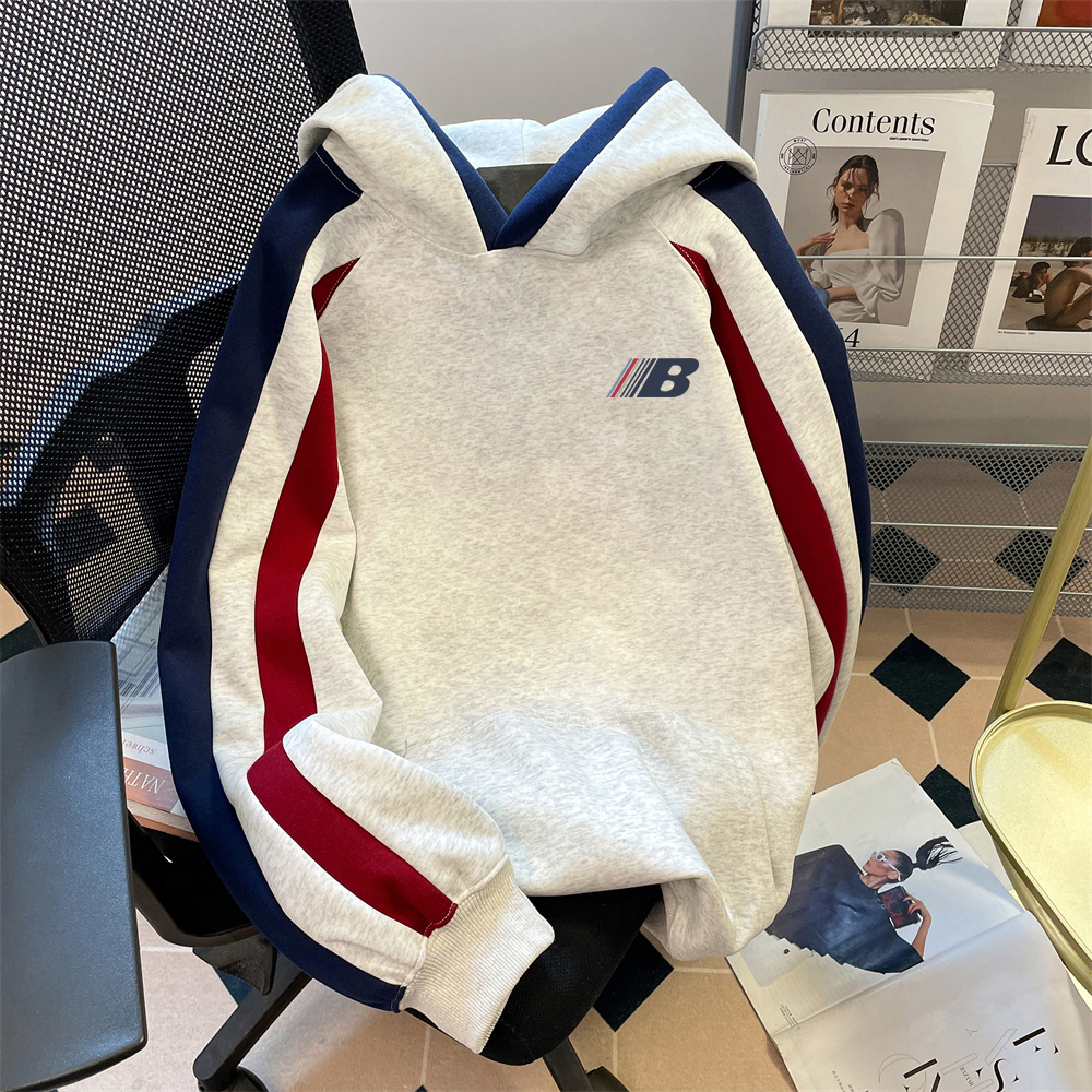 高街重磅加绒保暖卫衣男装拼接撞色秋冬穿搭宽松纯棉连帽外套上衣