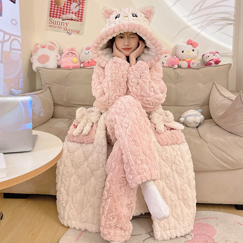睡衣女珊瑚绒冬季三层夹棉法兰绒套装秋冬加厚长袖保暖睡袍家居服