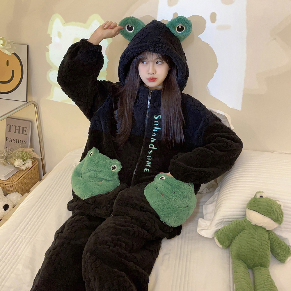 睡衣女冬季加绒加厚套装珊瑚绒甜美卡通可爱可外穿家居服两件套潮
