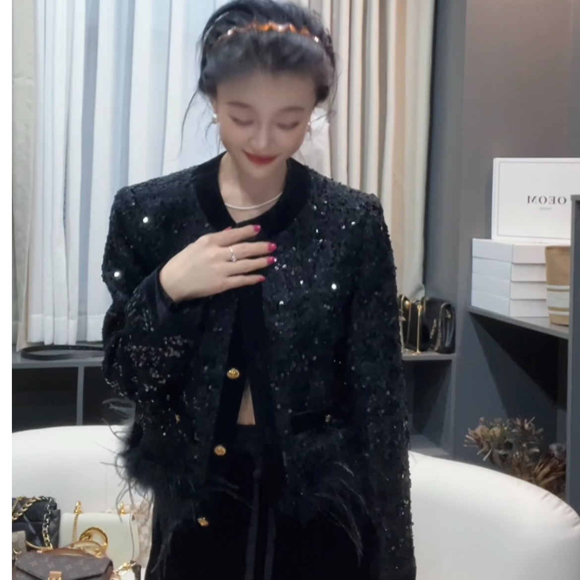 高质感气质亮片小香风外套 可拆卸毛毛拼接粗花呢秋季女外套