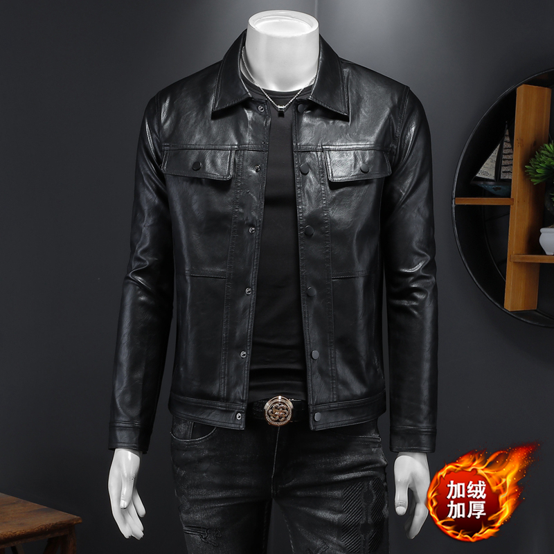 欧洲站漫威毒液秋冬新款加绒轻奢百搭男士翻领机车皮外套修身时尚