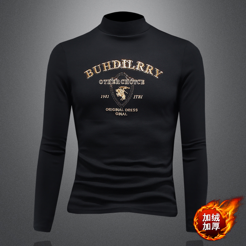 加厚男士新款秋冬加薄绒长袖卫衣爆款修身时尚穿搭半高领刺绣外穿