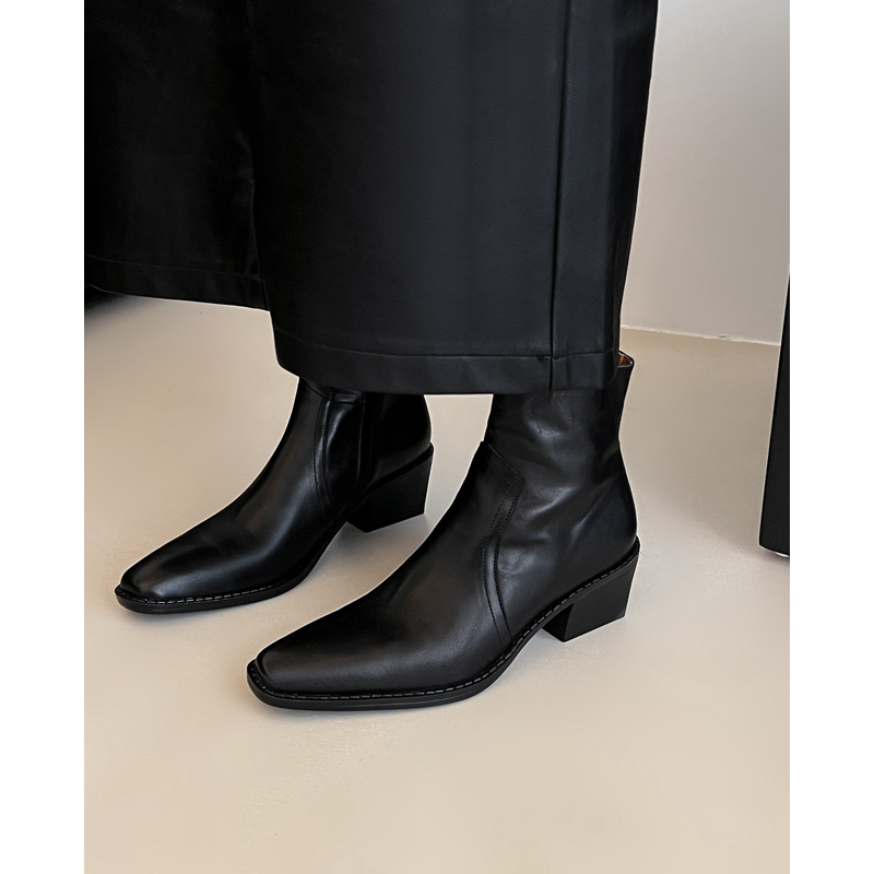  跟高5.5CM/ 通勤气质真皮切尔西靴女秋冬粗跟高跟瘦瘦马丁靴子