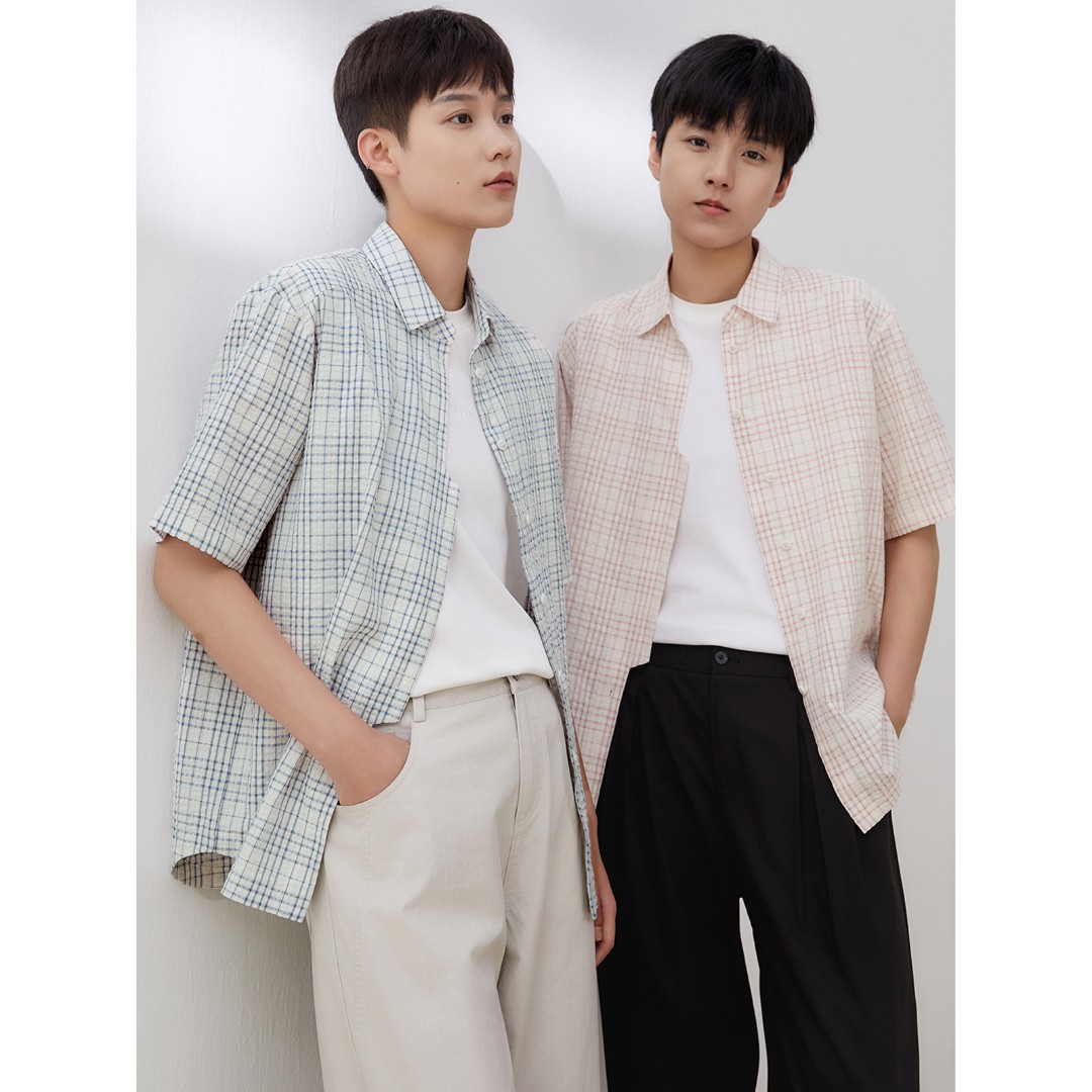 knighttom夏季休闲清新格纹短袖衬衫帅t小个子中性风简约衬衫4105