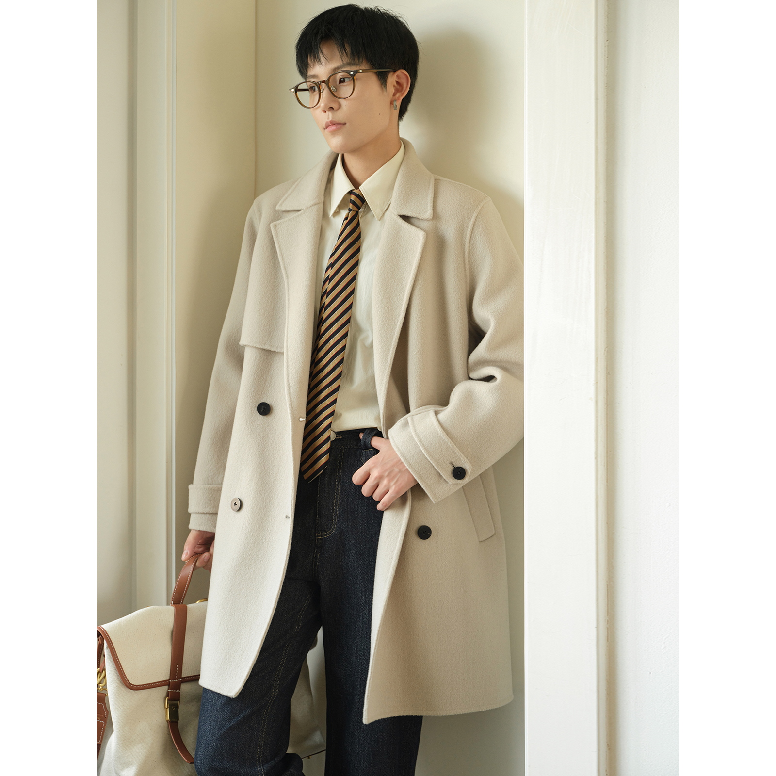 knighttom重磅全羊毛手工风衣款双面呢大衣女小个子中长款4317