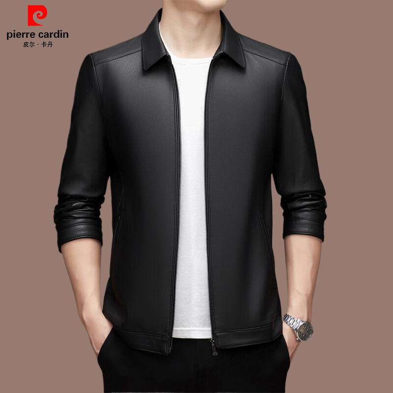 【皮尔卡丹】高档男士加绒皮衣时尚休闲净版翻领皮夹克春秋季中年款