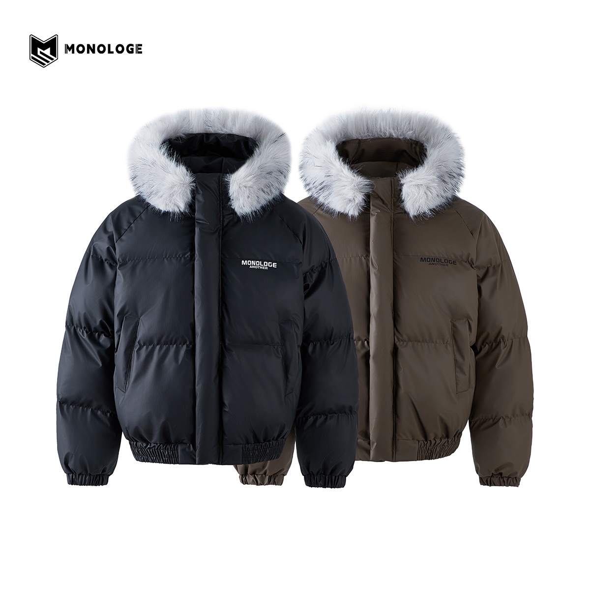 MONOLOGE大毛领冬季外套连帽棉服男情侣宽松时尚潮流加厚保暖棉服