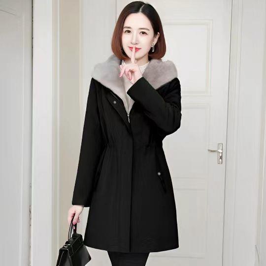 2023新款派克服加绒内胆女中长款外套羊剪绒大衣冬季连帽气质棉服