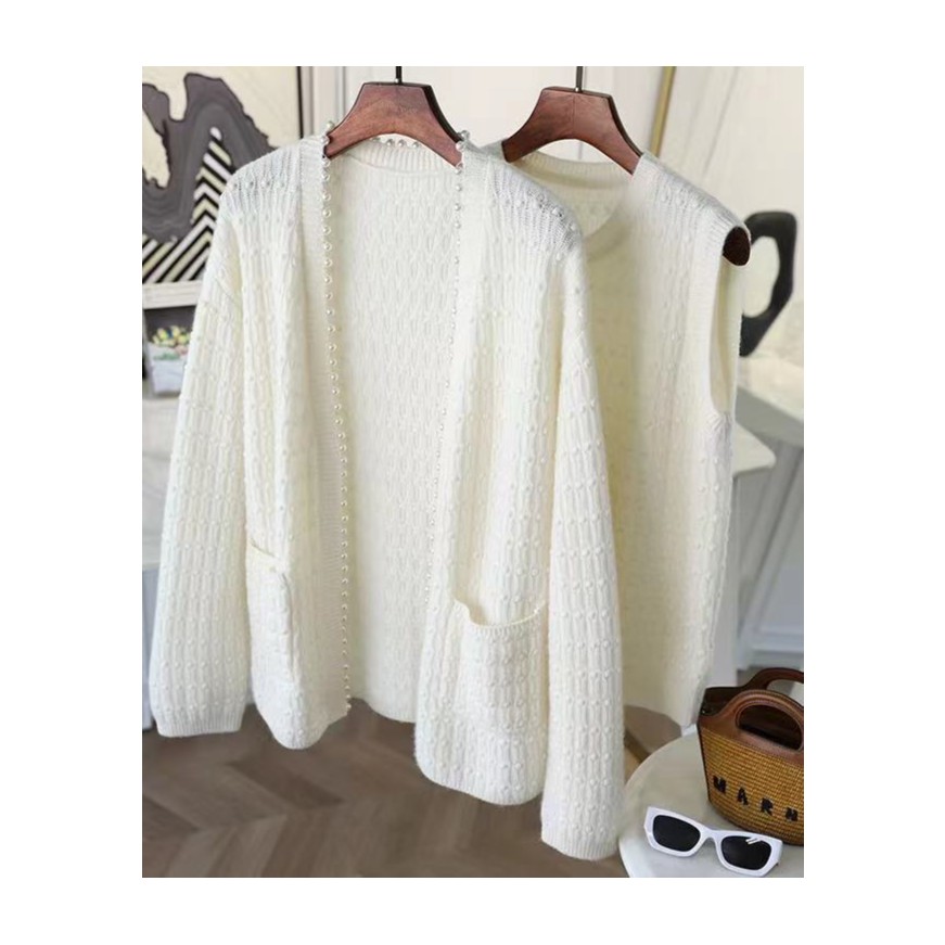 【白月光】MAOSTAR秋冬珍珠小香风山羊绒白色针织衫马甲开衫两件套