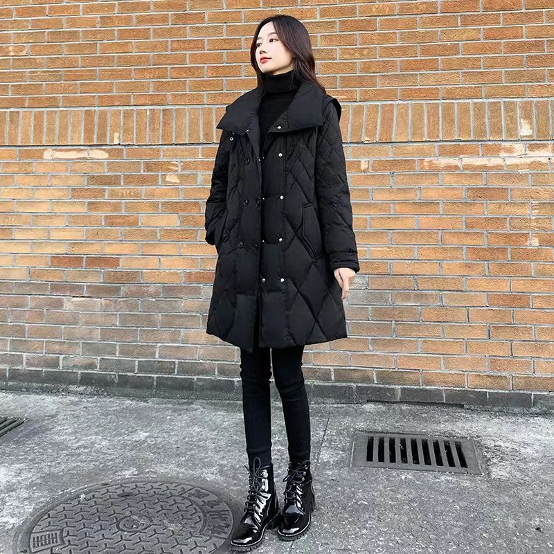 修身2023新款收腰中长款羽绒羽绒女黑色显瘦外套流行羽绒羽绒轻